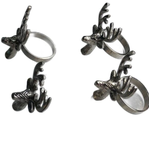 Napkin Rings Deer REINDEER Metal Silver Tone Holiday Entertaining Party Set of 4 - Picture 6 of 10